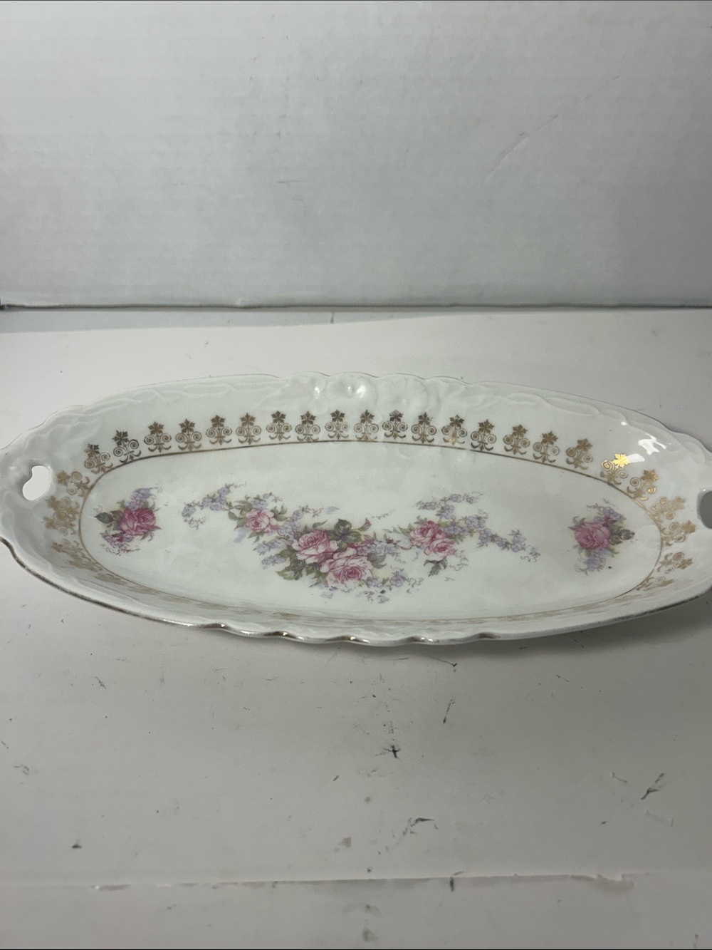 Porcelain Floral Serving Tray with Gold Trim Vintage